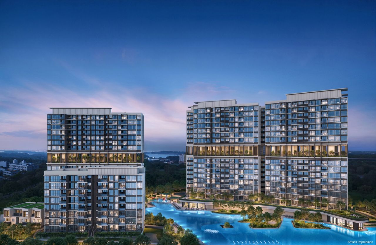 Artist's impression of Lentor Gardens Residences at dusk, with the pool in the foreground