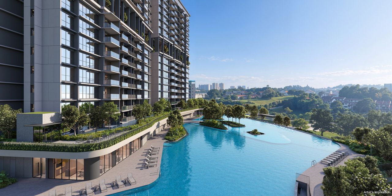 Artist's impression of the lagoon-style pool and clubhouse deck at Lentor Gardens Residences